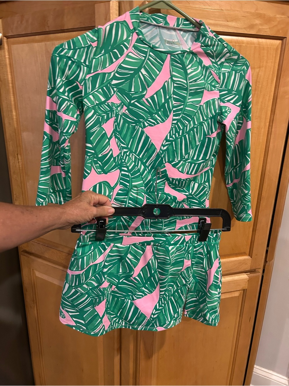 Lilly Pulitzer Green and Pink Tropical Leaf Rash Guard Skirt Swimsuit Set